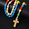 KOMi Handmade Wooden Rosary Cross Pendant Necklace Jesus Weave Colored Beads Child Girl Catholic Religious Fashion Jewelry R-190