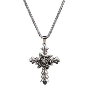 KOMI Vintage Rose Cross Pendant Necklaces Stainless Steel Long Chain Necklace Hip Hop Fashion Sweater Chain Necklaces for Men