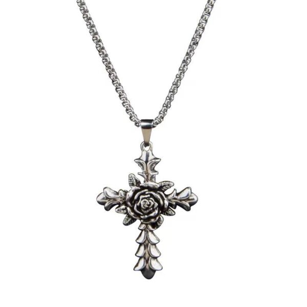 KOMI Vintage Rose Cross Pendant Necklaces Stainless Steel Long Chain Necklace Hip Hop Fashion Sweater Chain Necklaces for Men