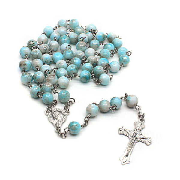 KOMI Hot Selling Vintage Striped Blue Jesus Rosary Necklace Cross Religious Necklace