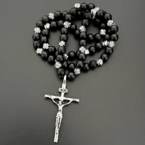 Dreamwork Rosaries Necklaces Jesus Cross Pendant 8mm Black Acrylic Beads Rosary Necklace for Pray Gift and Car Accessories