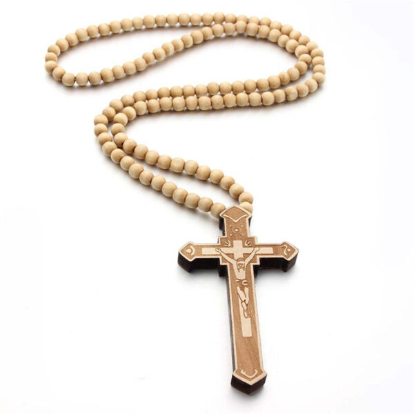 2024 KOMI 8mm Wooden Beaded Necklaces Religious Catholic Wood Bead Rosary Crucifix Cross Pendant Necklace for Men Easter Baptism Gift