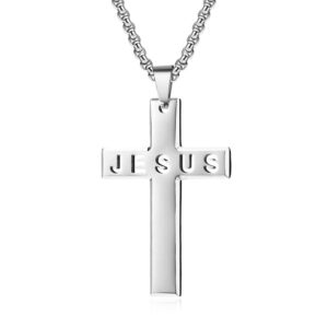 KOMI Cross Necklace for Men Silver Black Gold Stainless Steel Jesus Cross Pendant Necklace for Men Boys 24 Inch Religious Gifts