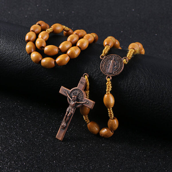 KOMi Handmade Weave Round Saint Benedict Medal Antique Wooden Rosary Cross Necklace Vintage Catholic Religious Jesus Jewelry Mot