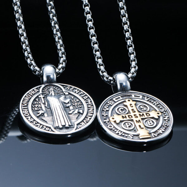 KOMI Saint Benedict Round Double-sided Pattern Titanium Steel Pendant Stainless Steel Necklace