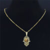 KOMI Fatima Hand Pendant Women Men Stainless Steel Necklace Gold Plated Natural Stone Necklace