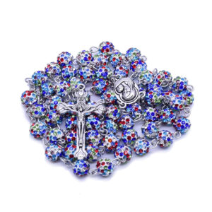 2024 Komi Wholesale Religious Church Gift Colored Diamond Polymer Clay Beads Cross Pendant Rosary Necklace