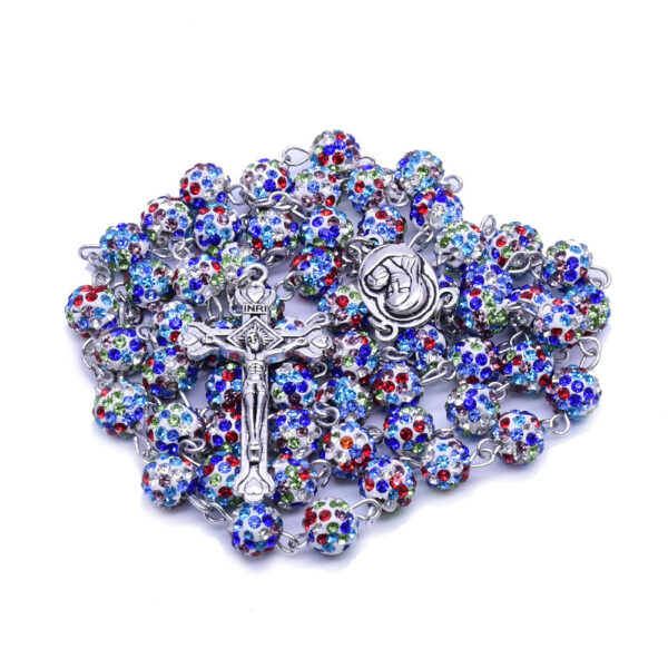2024 Komi Wholesale Religious Church Gift Colored Diamond Polymer Clay Beads Cross Pendant Rosary Necklace