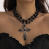 KOMI Womens Punk Cross Necklace Exaggerated Large Crystal Cross Pendant Necklace for Women Layered Black Pearl Chain Necklaces
