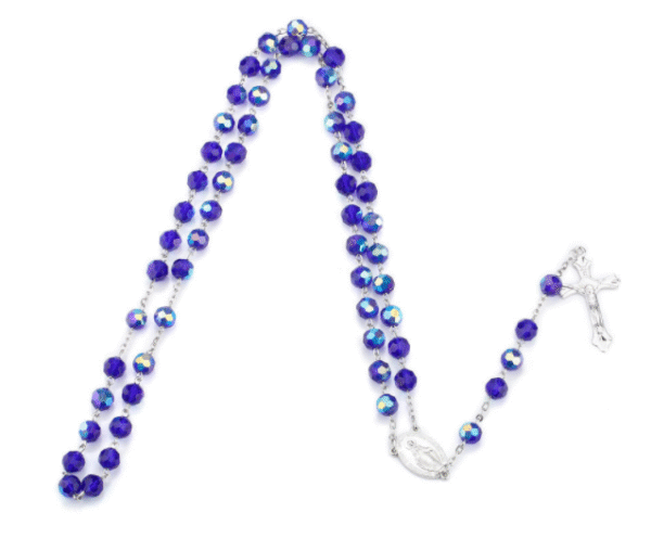 2024 Hot Sell Rosary Dark Blue Glass Crystal Jesus Cross Christ Maria Stock Necklace