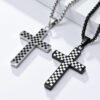 KOMI Cross Necklace for Men Black and White Checkerboard Gold Black Plated Stainless Steel Cross Pendant Necklace 24Inches Chain