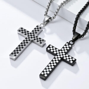 KOMI Cross Necklace for Men Black and White Checkerboard Gold Black Plated Stainless Steel Cross Pendant Necklace 24Inches Chain