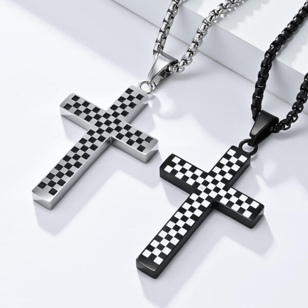 KOMI Cross Necklace for Men Black and White Checkerboard Gold Black Plated Stainless Steel Cross Pendant Necklace 24Inches Chain