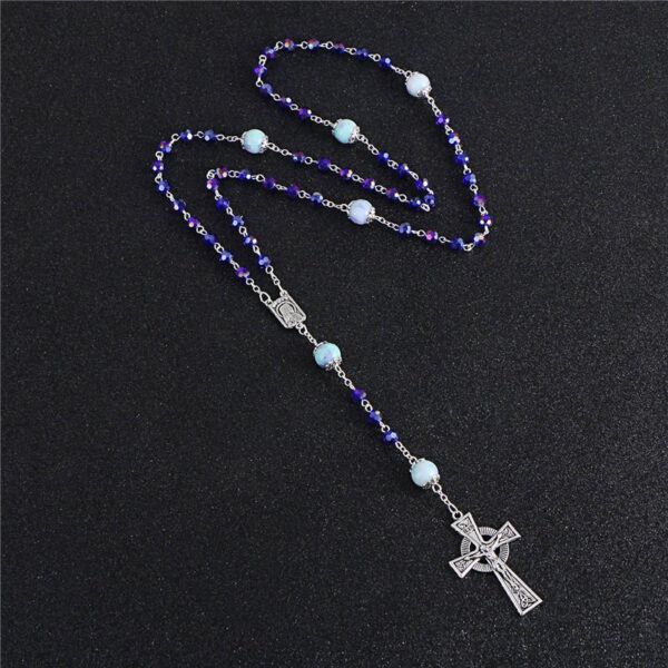Blue Glass Stone Bead Cross Pendant Necklace Rosary ReligionCatholic Handmade Necklace Jewelry Good Quality