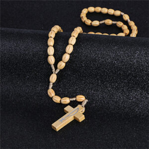 2024 New Wooden Beads Hollow Cross Pendant Necklace for Women Men Catholic Christ Religious Jesus Rosary Jewelry Gift