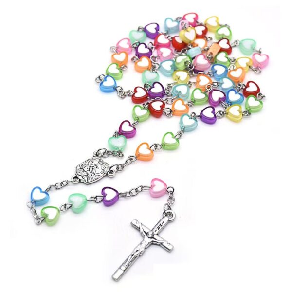 2024 Komi Wholesales Christian Plastic Red Heart Shaped Beads Jesus Cross Pendant Prayer Rosary Necklace