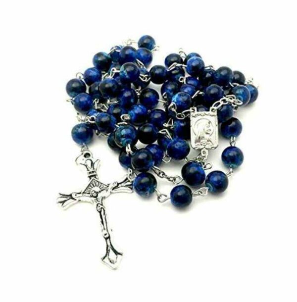 Hot Holy Catholic Blue Glass Crystal Beads Rosary Necklace With Sliver Jesus Cross Christ Maria Necklace