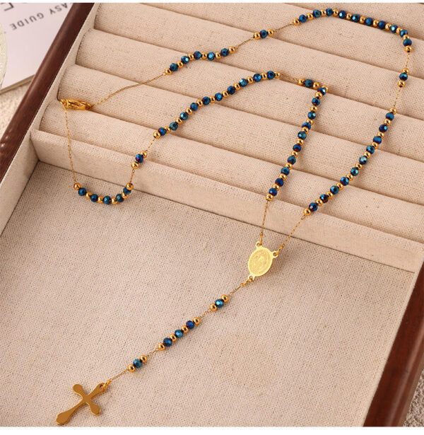KOMI Gold Beaded Rosary Necklace for Women Stainless Steel Y Necklace Beads Chain Crucifix Cross Pendant Necklaces for Women