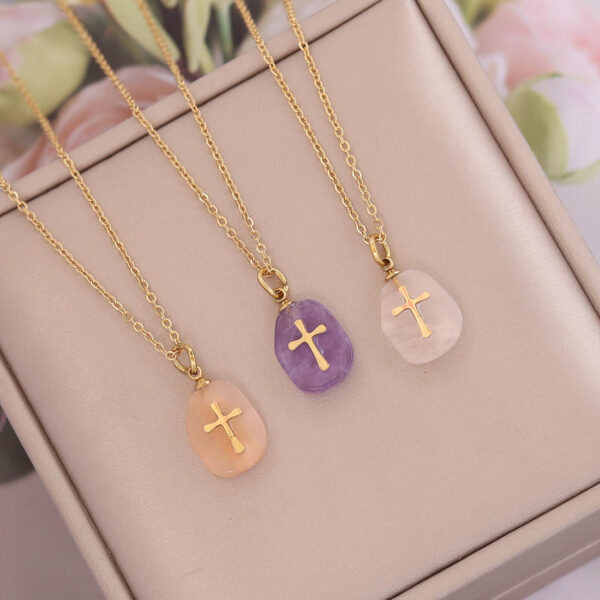 KOMI Gold Cross Necklace for Women Dainty Natural Stone Cross Pendant Choker Necklaces Simple Cute Gemstone Necklaces for Women