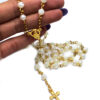 2023 Komi Wholesale Catholicism Plastic White Rose Shaped Pearl Prayer Beads Rosary Virgin Mary Cross Pendant Necklace