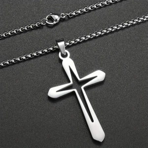 KOMI Cross Necklace for Men Boys Gifts Silver Stainless Steel Hollow Cross Pendant Necklaces Long Chain Necklace for Women Girls