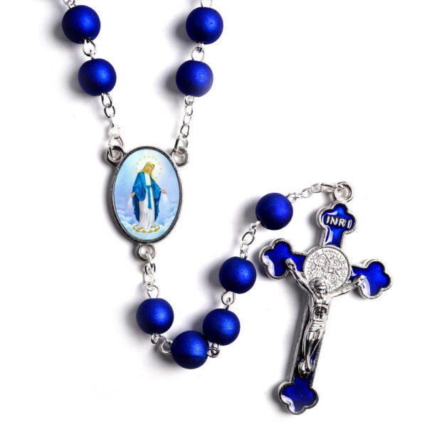 2024 Komi Wholesales Religious Catholic 8mm Blue Acrylic Grind Arenaceous Beads Chain Prayer Rosary Necklace