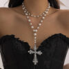KOMI Womens Crystal Cross Necklace Double Layered Pearl Chain Silver Large Rhinestone Cross Pendant Necklace for Women Girls
