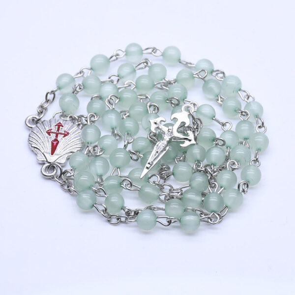 Dreamwork Religious Green Resin Beads Rosary Necklace Shell Medal and Jesus Cross Crucifix Pendant Necklace Communion Rosary