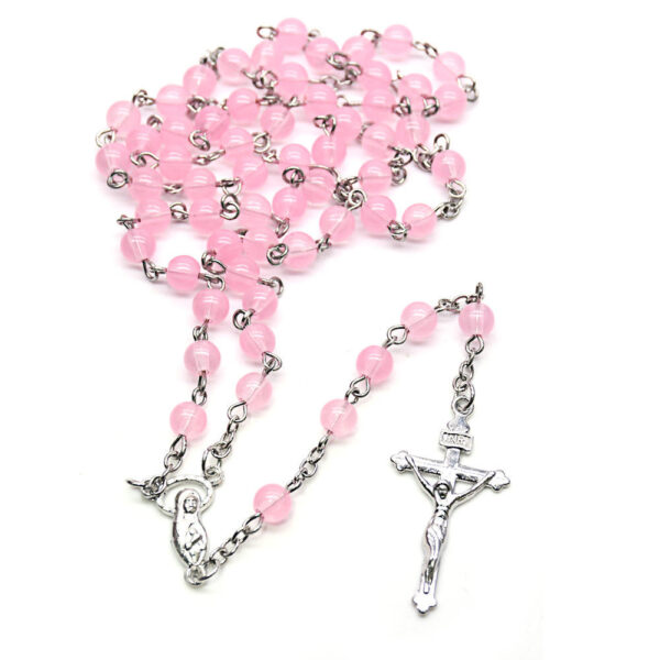 Komi High Quality 8 mm Glass Pink Beads Necklace Religious Gift Orthodox Catholic Crucifix Rosary Necklace