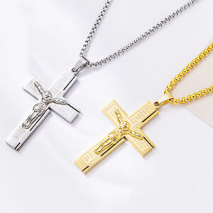 KOMI Stainless Steel Jesus Cross Necklace Men's Necklace 18K Fashion Titanium Steel Cross Pendant Necklaces for Religious Prayer