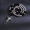 KOMI Black Rope Braided Stainless Steel Beads Rosary Necklace with Black Enamel Crucifix Cross Pendant Necklace Car Accessories