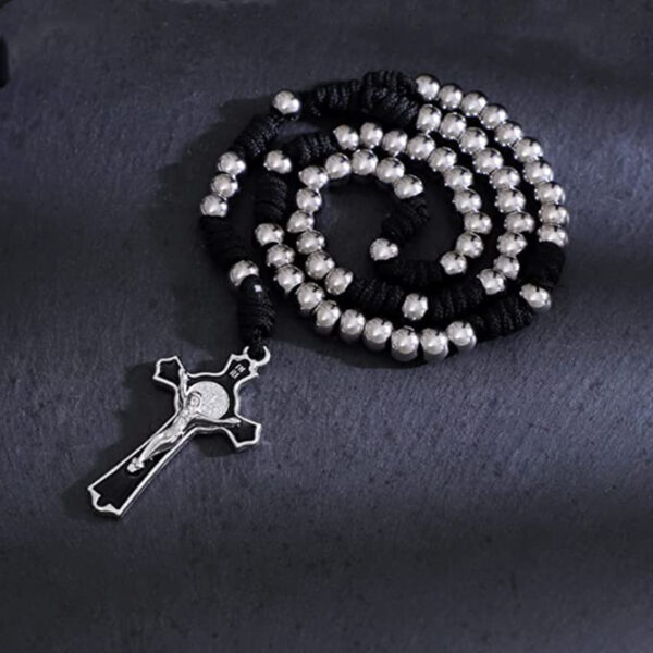 KOMI Black Rope Braided Stainless Steel Beads Rosary Necklace with Black Enamel Crucifix Cross Pendant Necklace Car Accessories
