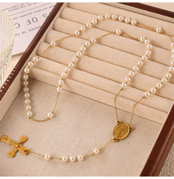 KOMI Gold Beaded Rosary Necklace for Women Stainless Steel Y Necklace Beads Chain Crucifix Cross Pendant Necklaces for Women
