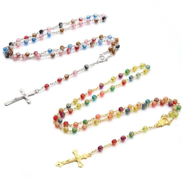 Wholesales Rose Beads Colorful Printed Gold and Silver Rosary Crucifix Virgin Mary Pendant Rosary Religious Jewelry Necklace