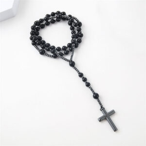 Komi Fashion Black Agate Hematite Beads Rosary Necklace with Wedding Party Cross Pendant Necklaces for Men Women Birthday Giftts