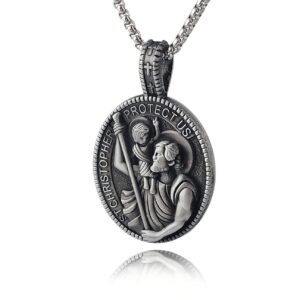 "KOMI Vintage Metal St Christopher Virgin Mary Oval Medal Pendant Necklaces for Men Women Box Chain Religious Jewelry Gift "