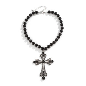 KOMI Silver Plated Rhinestone Crystal Cross Pendant Necklace for Women 17.7 Inches Black Beaded Chain Choker Necklaces for Girls