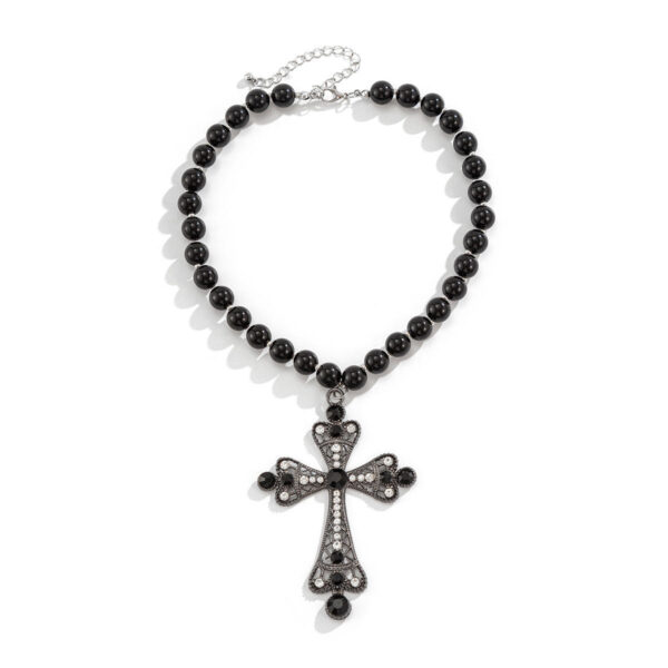 KOMI Silver Plated Rhinestone Crystal Cross Pendant Necklace for Women 17.7 Inches Black Beaded Chain Choker Necklaces for Girls