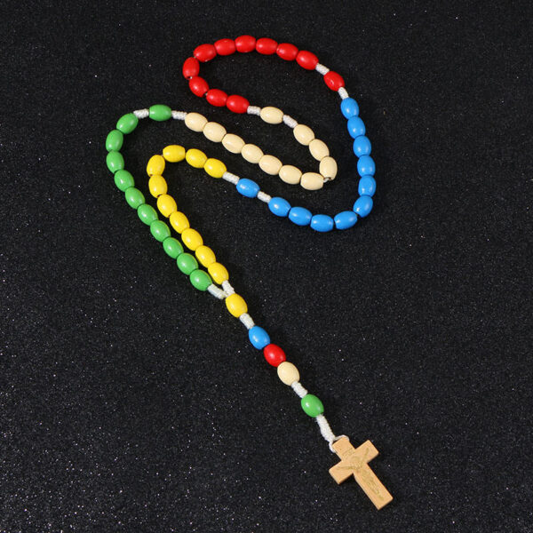 KOMi Handmade Wooden Rosary Cross Pendant Necklace Jesus Weave Colored Beads Child Girl Catholic Religious Fashion Jewelry R-190