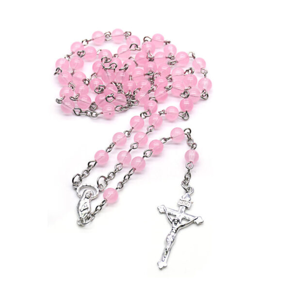 Komi High Quality 8 mm Glass Pink Beads Necklace Religious Gift Orthodox Catholic Crucifix Rosary Necklace