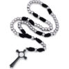 KOMI Black Rope Braided Stainless Steel Beads Rosary Necklace with Black Enamel Crucifix Cross Pendant Necklace Car Accessories