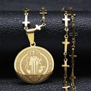 Komi Fashion Large Saint Benedict Cross Stainless Steel Men's Necklace Gold Chain Necklace Jewelry