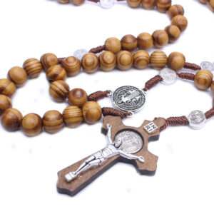 Catholic Rosary Round Wooden Bead Handmade Line Christian Vintage Cross Ornament Rosary Necklace