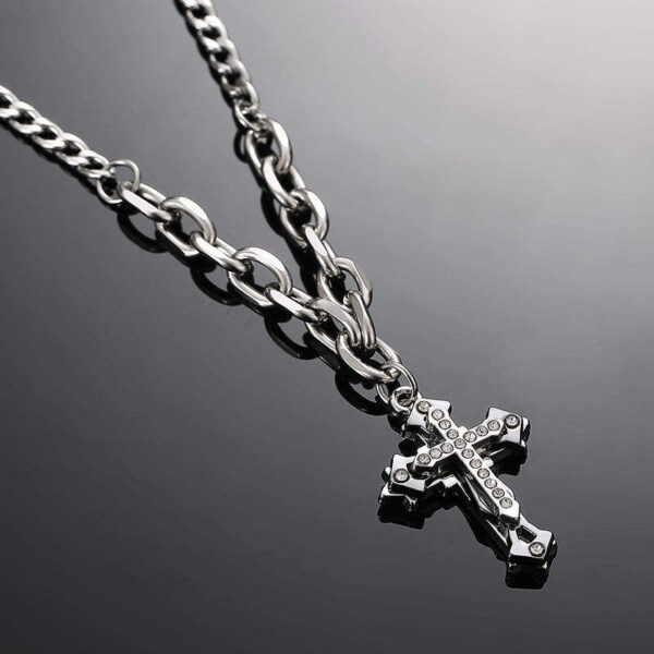 KOMI Men Cross Pendant Necklace with Chunky Chain Punk Jewelry Stainless Steel Rhinestone Crystal Layered Cross Necklace for Men