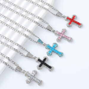 KOMI Cross Necklace for Men Silver Necklace for Women Colorful Rhinestone Crystal Cross Pendant Necklace for Men Women Gifts