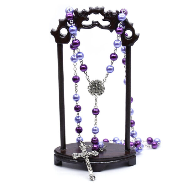 2024 Komi Catholic Two Colors Purple Pearl Beads Rosary Jewelry Para Rosarios Cross Pendant Necklace