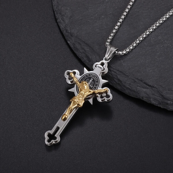 2c47f50d2807954844808338ff11fe18_Hcc49d136f2ed47629ffb9afd2ba449f2W_avif=close&webp=close KOMI Cross Necklace for Men Silver Gold Stainless Steel St.Benedict Jesus Cross PendantNecklace for Men Box Chain 24 Inches Gift