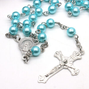 2023 Komi Religious Catholicism Blue Pearl Wedding Gift Prayer Beads Cross Pendant Rosary Necklace