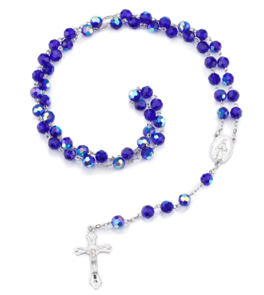 2024 Hot Sell Rosary Dark Blue Glass Crystal Jesus Cross Christ Maria Stock Necklace
