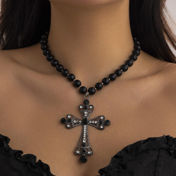KOMI Silver Plated Rhinestone Crystal Cross Pendant Necklace for Women 17.7 Inches Black Beaded Chain Choker Necklaces for Girls